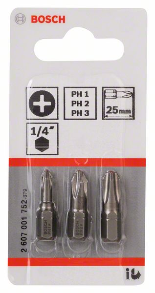 Schrauberbit-Set Extra-Hart (PH), 3-teilig, PH1, PH2, PH3, 25 mm<br>
