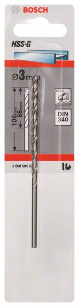 Metallbohrer HSS-G, DIN 340, 3 x 66 x 100 mm, 1er-Pack<br>