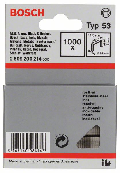Feindrahtklammer Typ 53, 11,4 x 0,74 x 6 mm, 1000er-Pack, rostfrei<br>