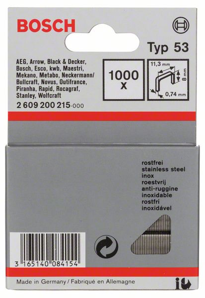 Feindrahtklammer Typ 53, 11,4 x 0,74 x 8 mm, 1000er-Pack, rostfrei<br>