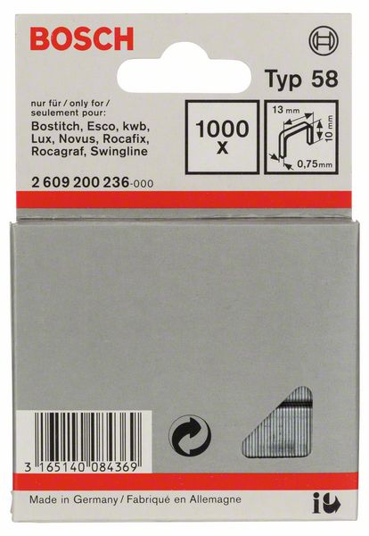 Feindrahtklammer Typ 58, 13 x 0,75 x 10 mm, 1000er-Pack<br>