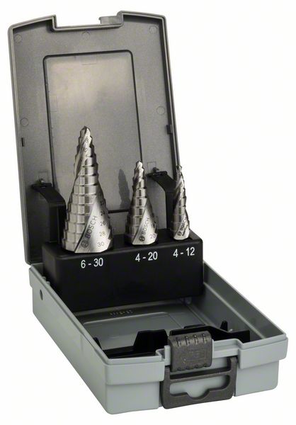 Stufenbohrer HSS-Set, 3-teilig, 4 - 12 mm, 4 - 20 mm, 6 -30 mm<br>