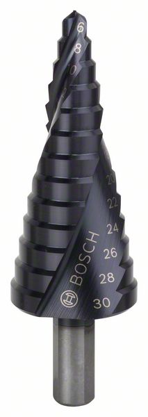 Stufenbohrer HSS-AlTiN, 6 - 30 mm, 10 mm, 93,5 mm, 13 Stufen<br>