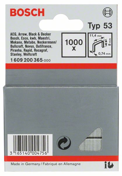 Feindrahtklammer Typ 53, 11,4 x 0,74 x 8 mm, 1000er-Pack<br>