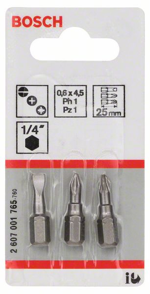 Schrauberbit-Set Extra-Hart (gemischt), 3-teilig, S 0,6x4,5, PH1, PZ1, 25 mm<br>