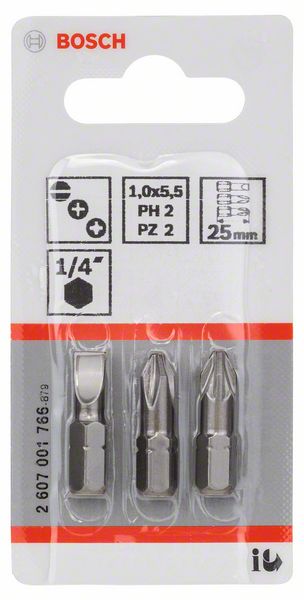 Schrauberbit-Set Extra-Hart (gemischt), 3-teilig, S 1,0x5,5, PH2, PZ2, 25 mm<br>