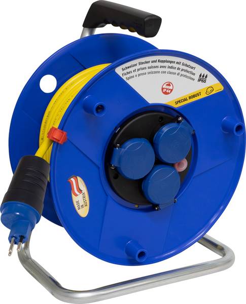 brennenstuhl BAT ST 290 Kabelrolle, 3x Steckdose T13, Stecker T13, 33m AT-N07V3V3-F 3G1,5 gelb, CH Stecksystem IP55<br>