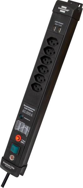 brennenstuhl Premium-Line 60.000A Überspannungsschutz-Steckdosenleiste mit 2x USB-Ladefunktion 6-fach schwarz 3m H05VV-F 3G1,5<br>