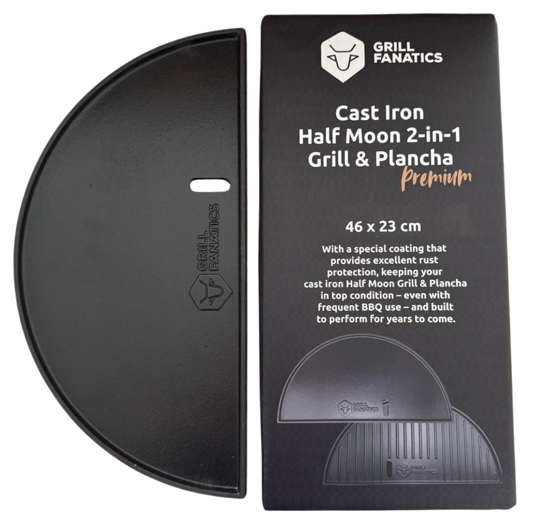 Cast iron half moon plancha + griddle 46 cm