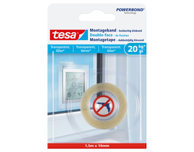 Montageband 1.5m:19mm transp. & Glas<br>