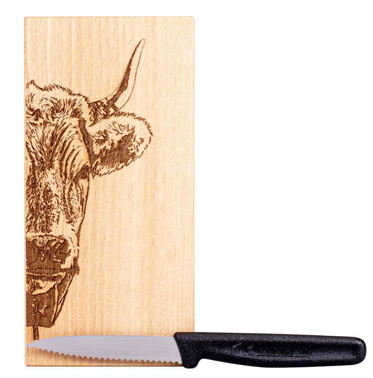Kadastar Messerbrett “Hornkuh Zoom”, 18,5x9x2 cm, mit Messer + Beutel