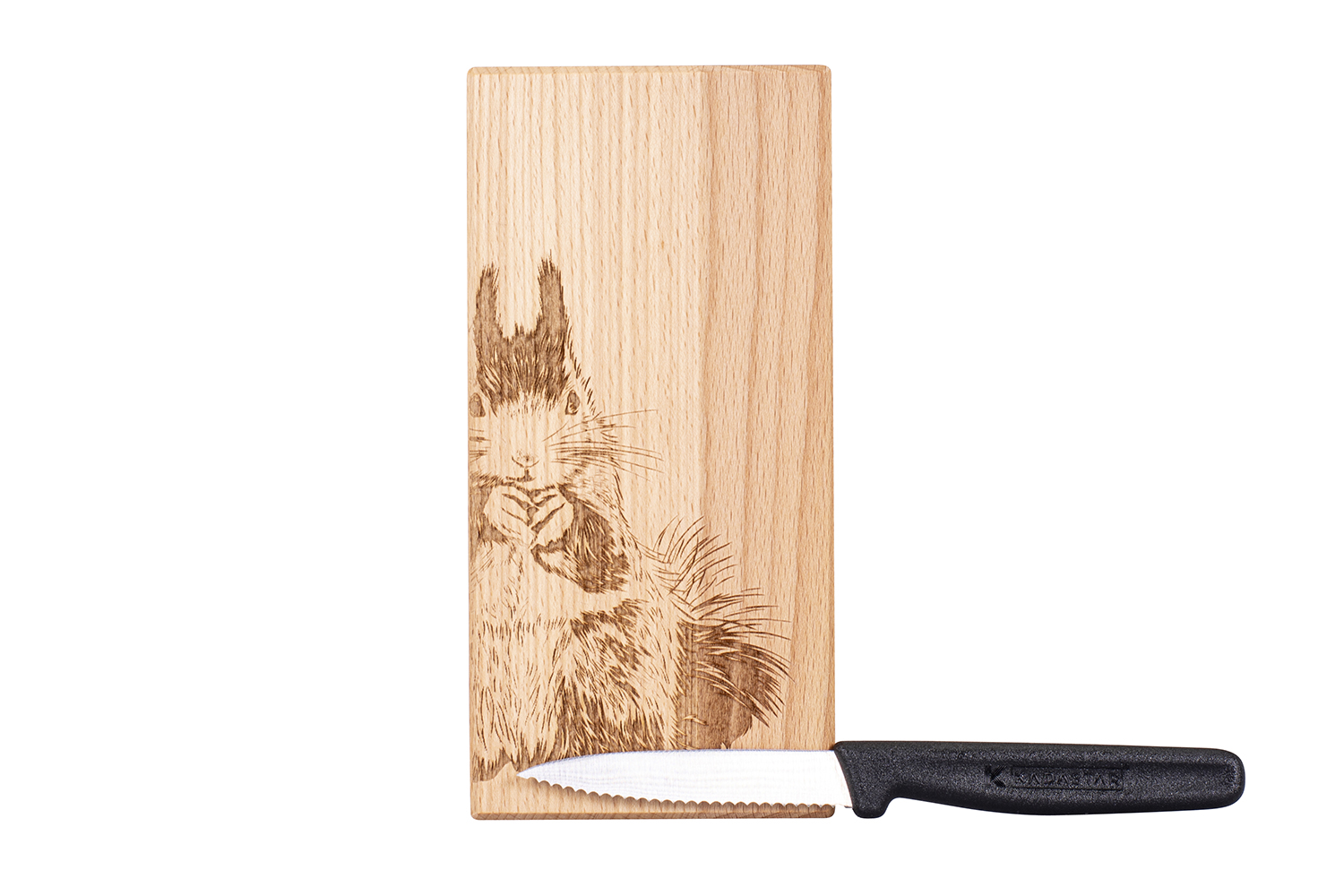 Kadastar Messerbrett “Eichhörnchen” 18,5x9x2 cm, mit Messer + Beutel