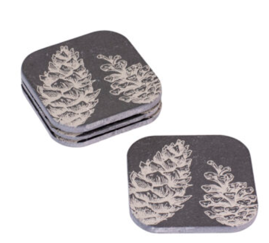 Kadastar Schiefer-Untersetzer “Tannenzapfen”, 4er-Set, 10×10 cm