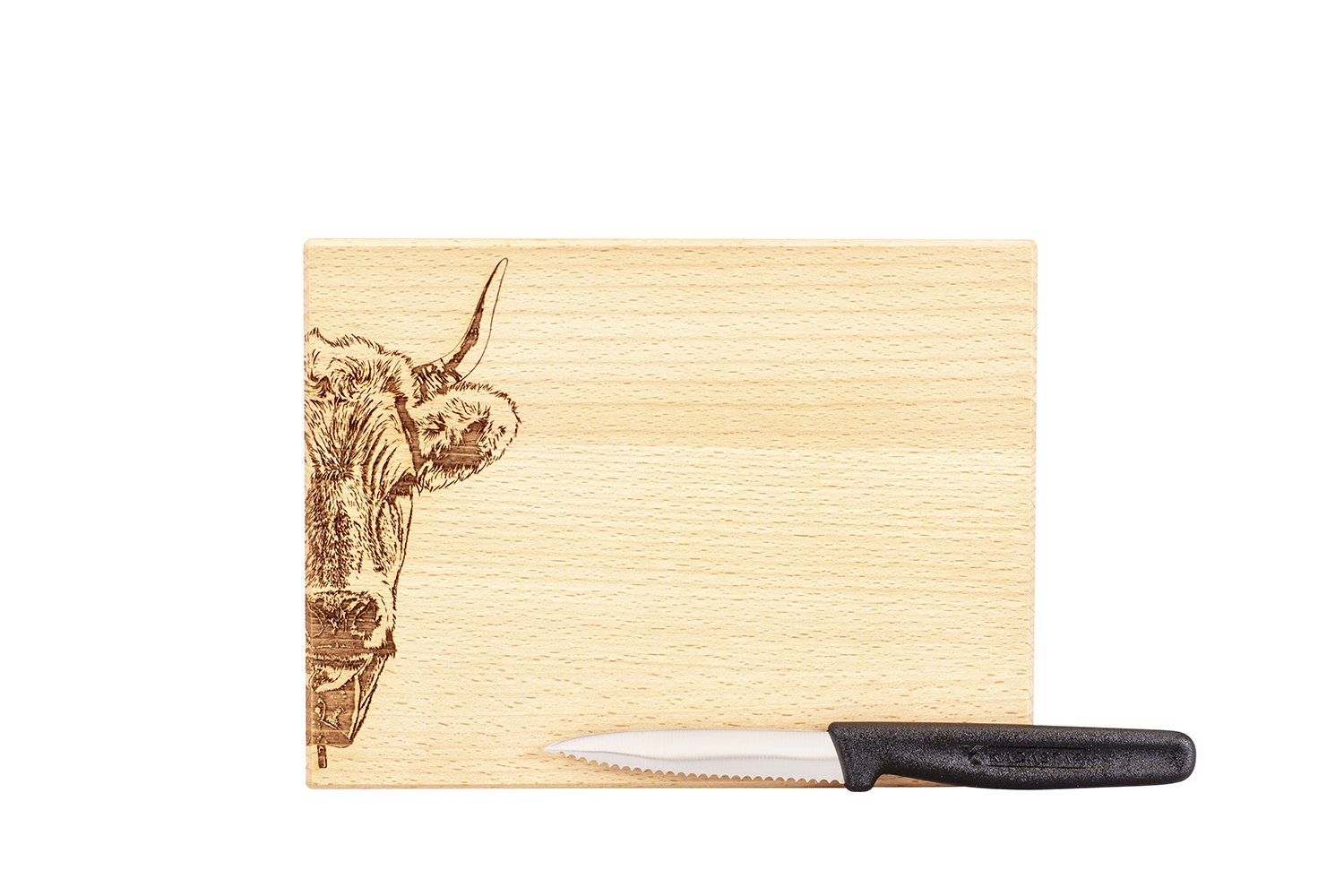 Kadastar Messerbrett XL “Hornkuh Zoom” 20x15x2 cm mit Messer + Beutel