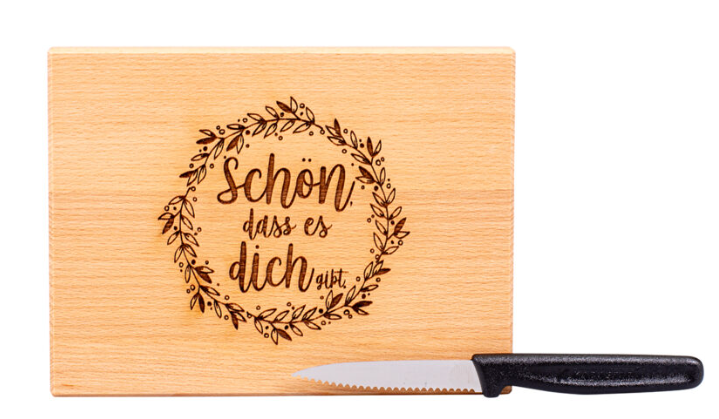 Kadastar Messerbrett XL “Schön dass es dich gibt” 20x15x2 cm mit Messer + Beutel