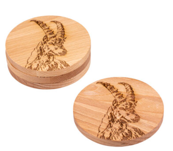 Kadastar Holz-Untersetzer “Junger Steinbock”, 4er-Set, Ø 10 cm