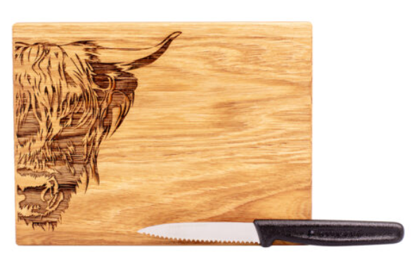 Kadastar Messerbrett XL Oak “Hochlandrind Zoom” 20x15x2 cm mit Messer + Beutel