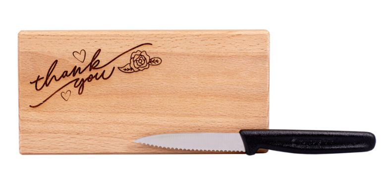 Kadastar Messerbrett “Thank you”, 18,5x9x2 cm, mit Messer + Beutel