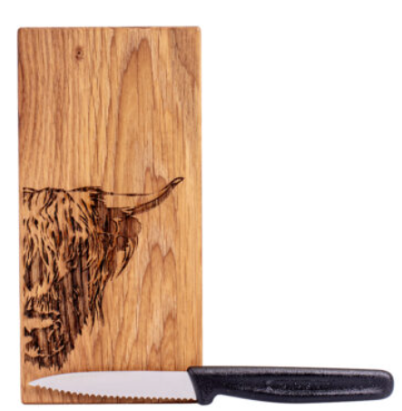 Kadastar Messerbrett Oak “Hochlandrind Zoom”, 18,5x9x2 cm, mit Messer + Beutel