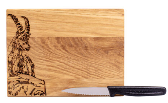 Kadastar Messerbrett XL Oak “Junger Steinbock” 20x15x2 cm mit Messer + Beutel