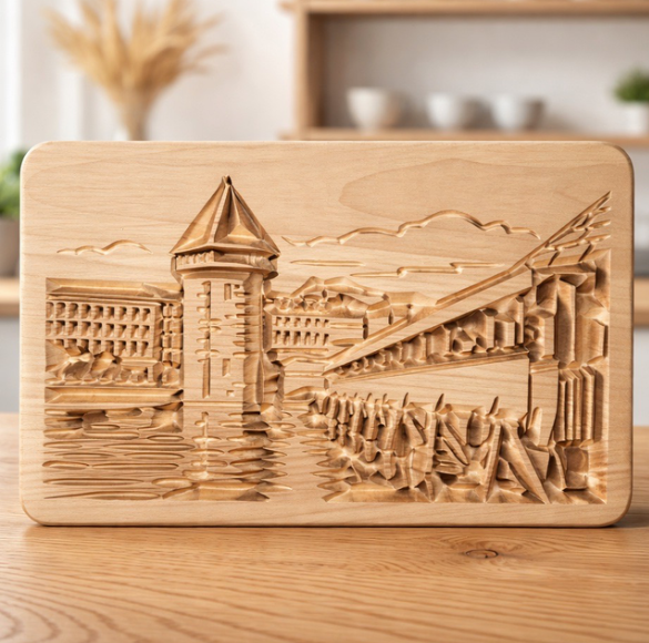 Holzbrett Luzern Kapellbrücke in Bergahorn, CNC-geschnitzt, 24 x 15 cm