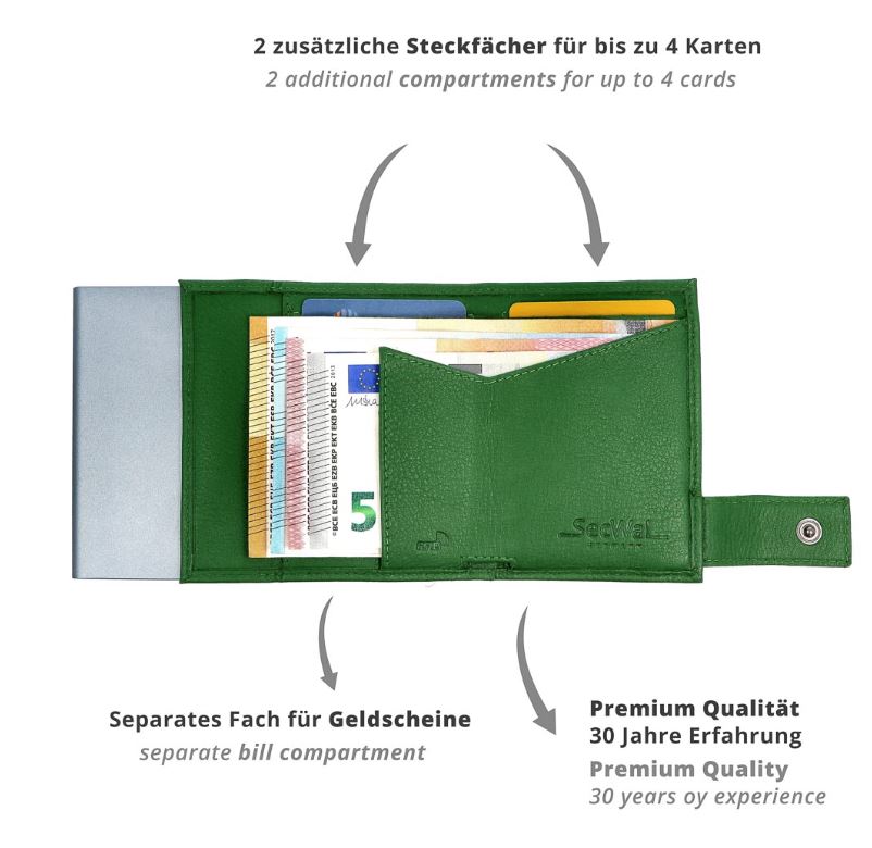 SecWal 2 Portemonnaie mit Münzfach, 10 Karten, RFID-Schutz, grün