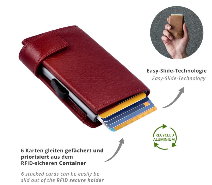 SecWal 2 Portemonnaie mit Münzfach, 10 Karten, RFID-Schutz, rot