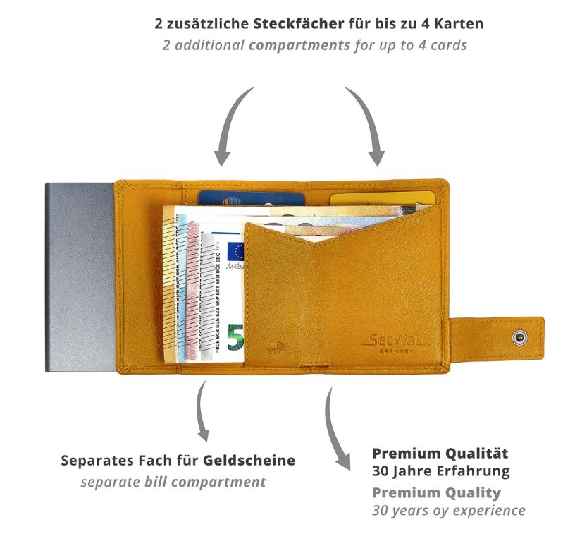 SecWal 2 Portemonnaie mit Münzfach, 10 Karten, RFID-Schutz, gelb