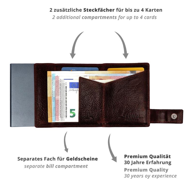 SecWal 2 Portemonnaie mit Münzfach, 10 Karten, RFID-Schutz, braun