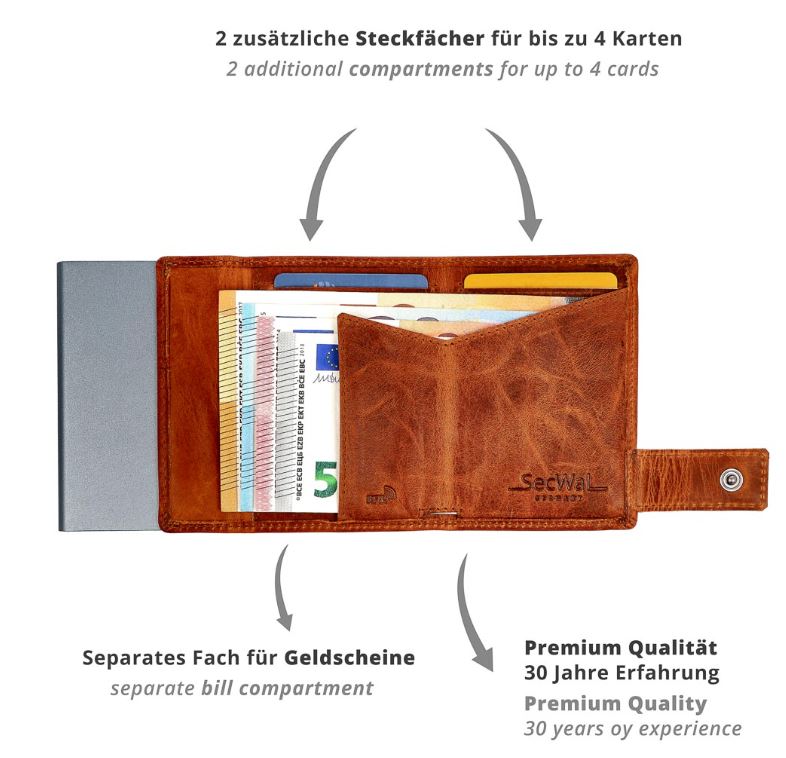 SecWal 2 Portemonnaie mit Münzfach, 10 Karten, RFID-Schutz, cognac