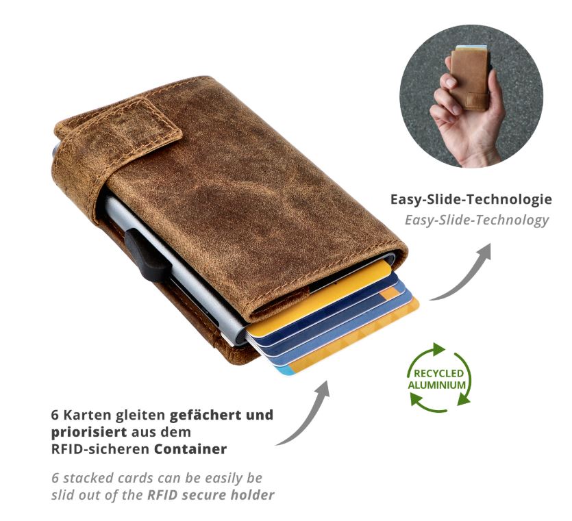 SecWal 2 Portemonnaie mit Münzfach, 10 Karten, RFID-Schutz, braun