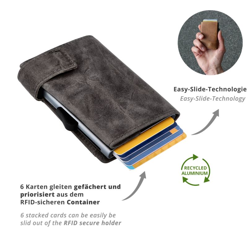 SecWal 2 Portemonnaie mit Münzfach, 10 Karten, RFID-Schutz, grau