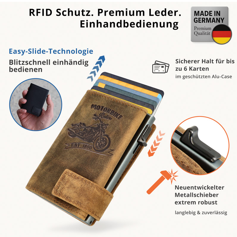SecWal 2 Portemonnaie mit Münzfach, 10 Karten, RFID-Schutz, Motorrad, braun