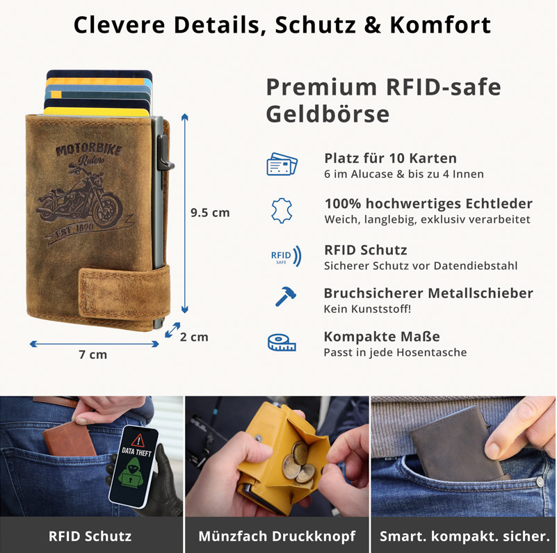 SecWal 2 Portemonnaie mit Münzfach, 10 Karten, RFID-Schutz, Motorrad, braun