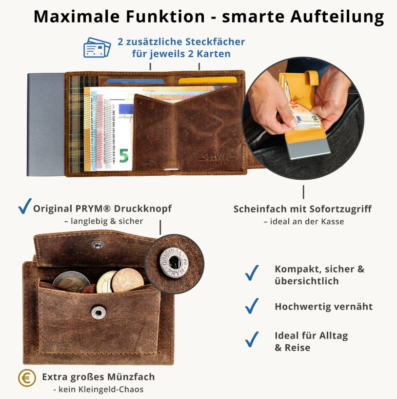 SecWal 2 Portemonnaie mit Münzfach, 10 Karten, RFID-Schutz, Motorrad, braun