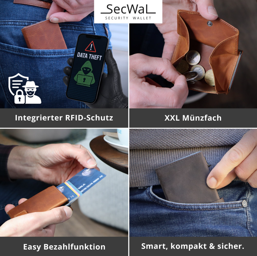 SecWal 3 Portemonnaie mit Münzfach, 10 Karten, RFID-Schutz, braun