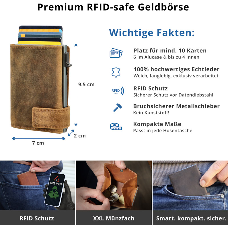 SecWal 3 Portemonnaie mit Münzfach, 10 Karten, RFID-Schutz, braun