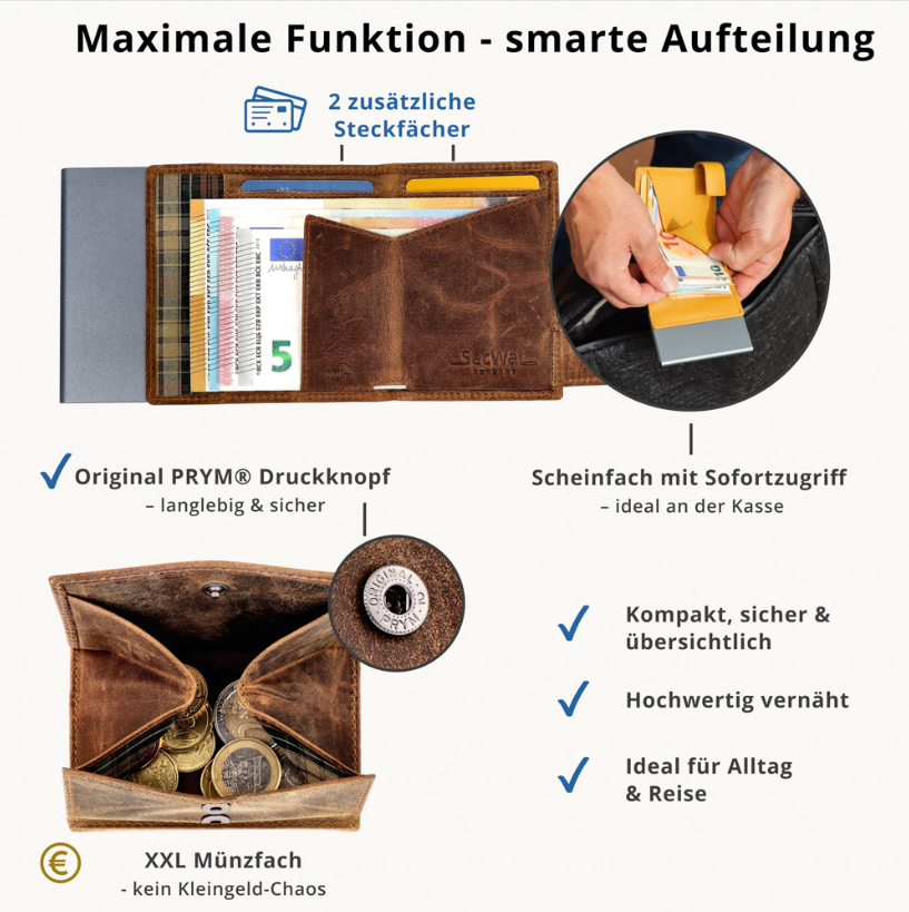 SecWal 3 Portemonnaie mit Münzfach, 10 Karten, RFID-Schutz, braun