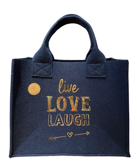 Filztasche live Love Laugh dunkelblau, Schrift gold