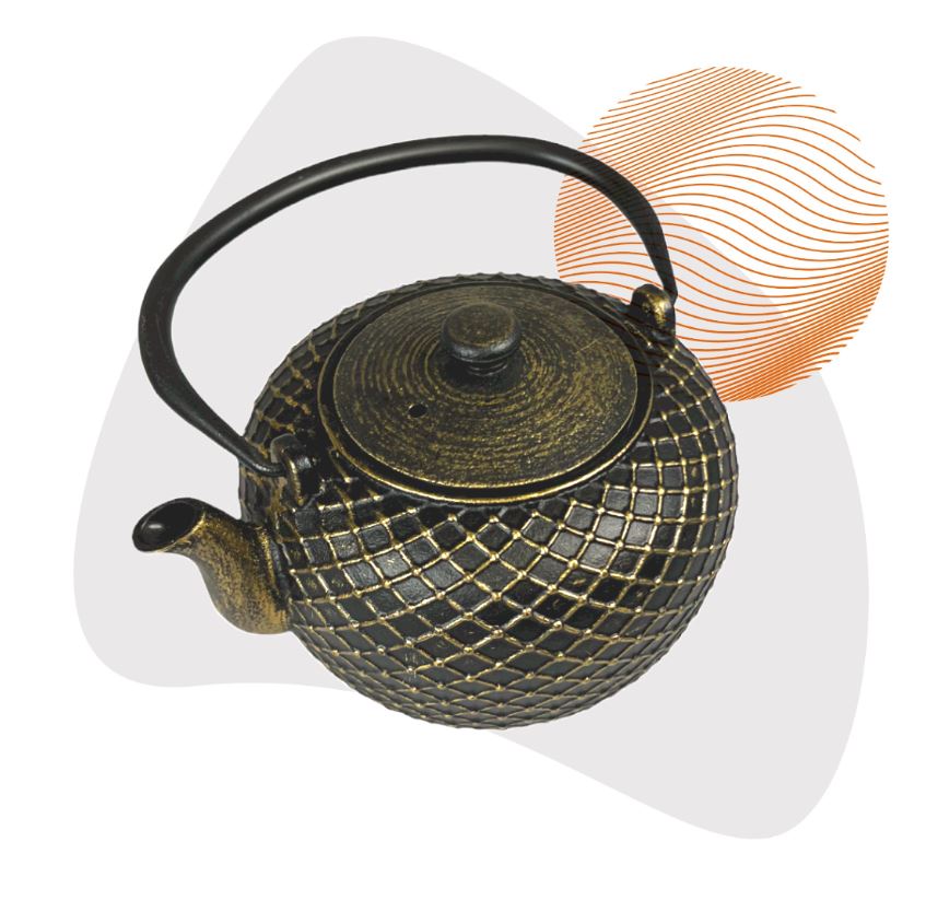 Teekrug Yoyo Gusseisen mit Untersetzer 0,9 Liter schwarz-gold