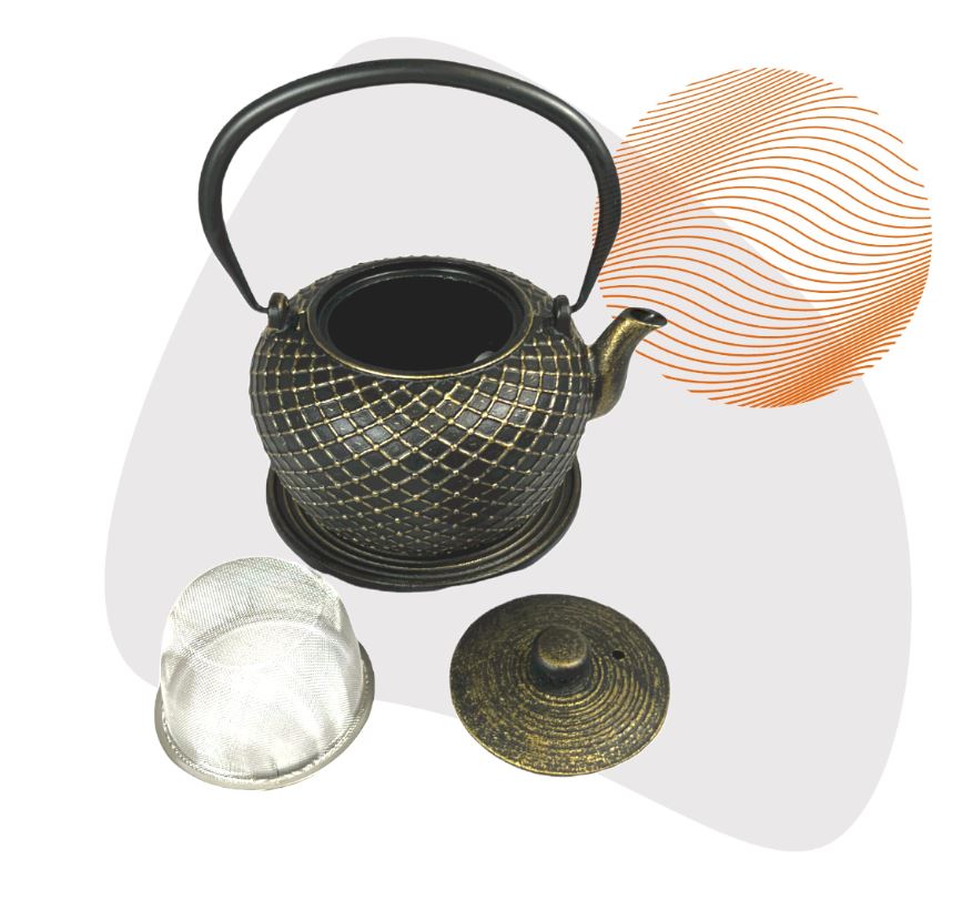 Teekrug Yoyo Gusseisen mit Untersetzer 0,9 Liter schwarz-gold
