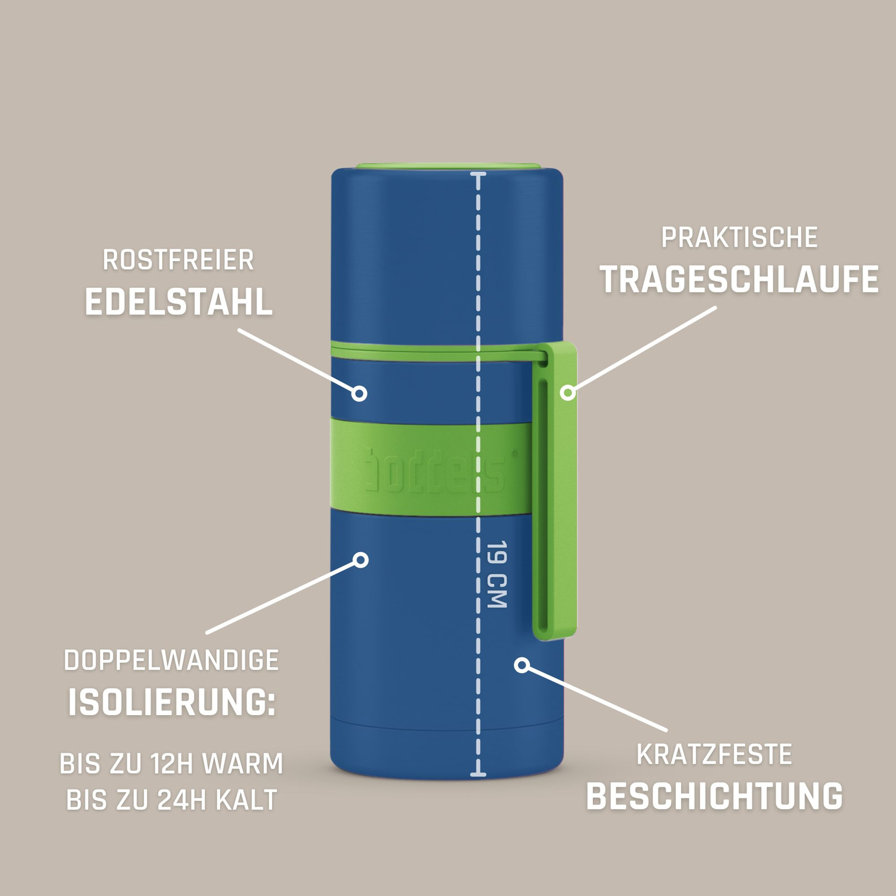 Boddels Isolierflasche Heet 350 ml Apfelgrün/Blau