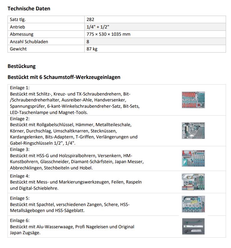 Technocraft Werkstattwagen Swiss Team Wood 282 teilig 729718