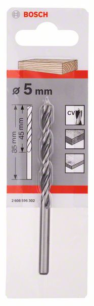 Holzspiralbohrer Standard, 5 x 52 x 86 mm, d 5 mm<br>